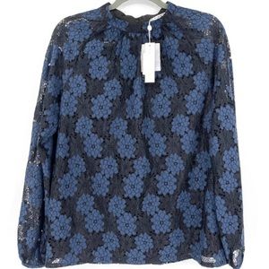 Trina Turk Navy Lace Floral Embroidered Vodka Top Balloon Sleeves NWT Women.